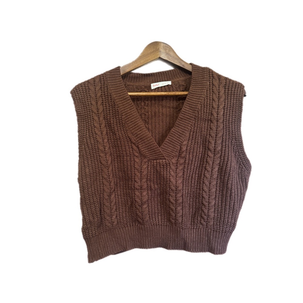 Romwe Cable Knit Sweater Vest Womens Medium Brown Excellent V-Neck Sleeveless